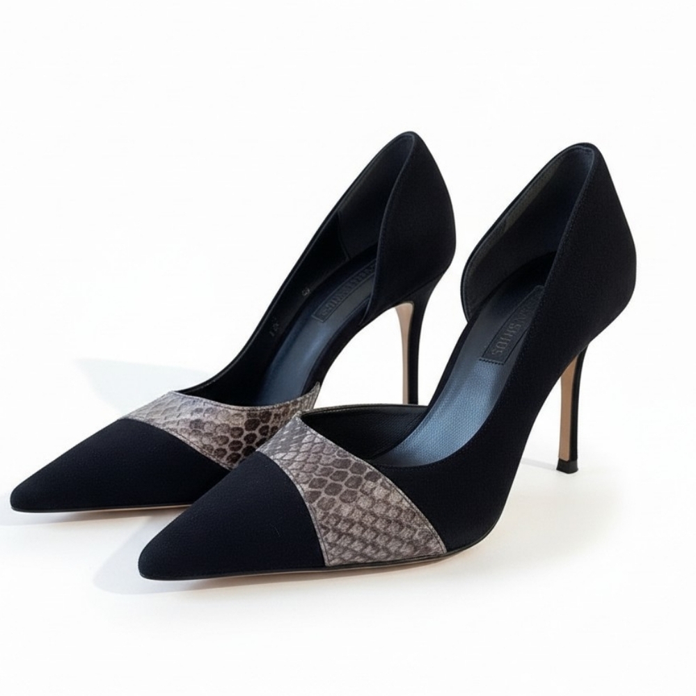 Ann Marino Fine Leather Suede Black And Grey Cobra Cutout Stilettos Size 7.5 - Picture 1 of 8
